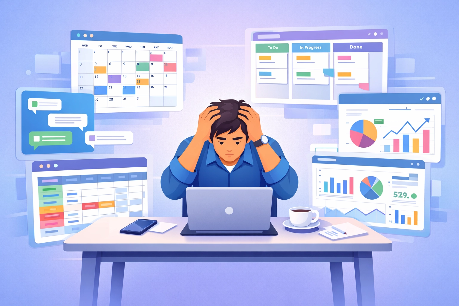 Overwhelmed business owner juggling multiple software tools and platforms at desk