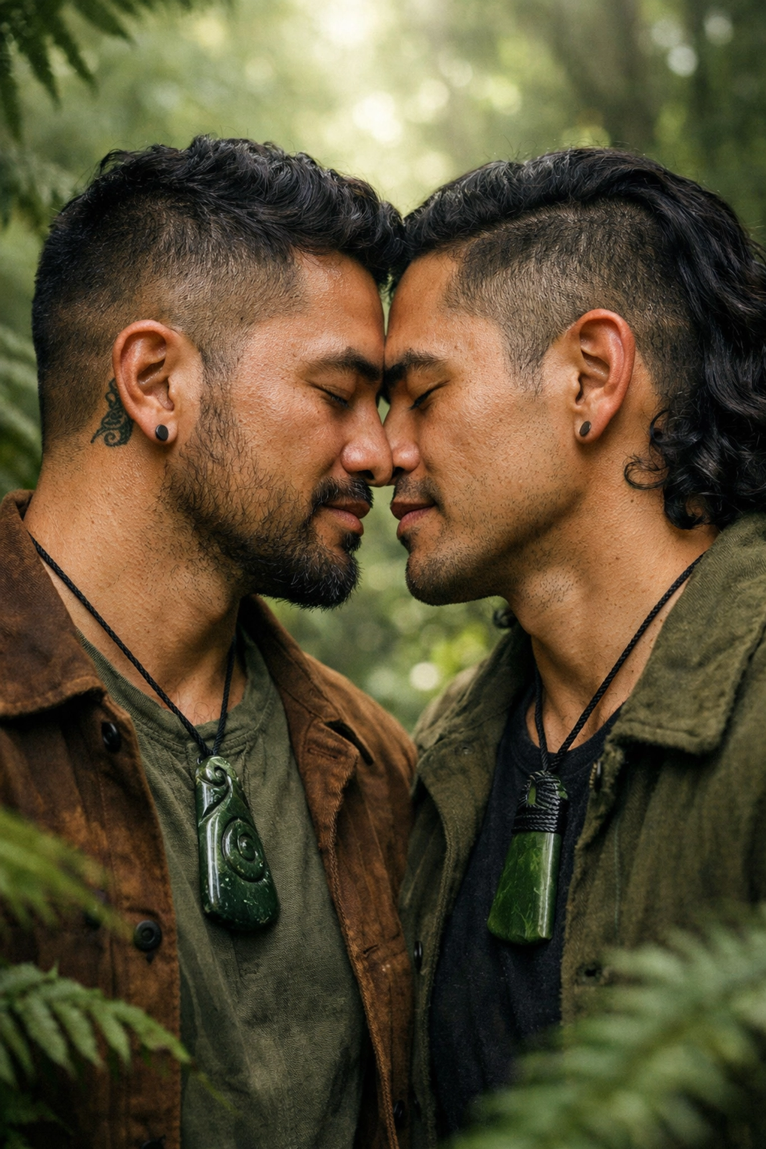 Māori gay couple sharing a traditional hongi in a lush forest, showing the quiet intimacy of First Nations queer life.