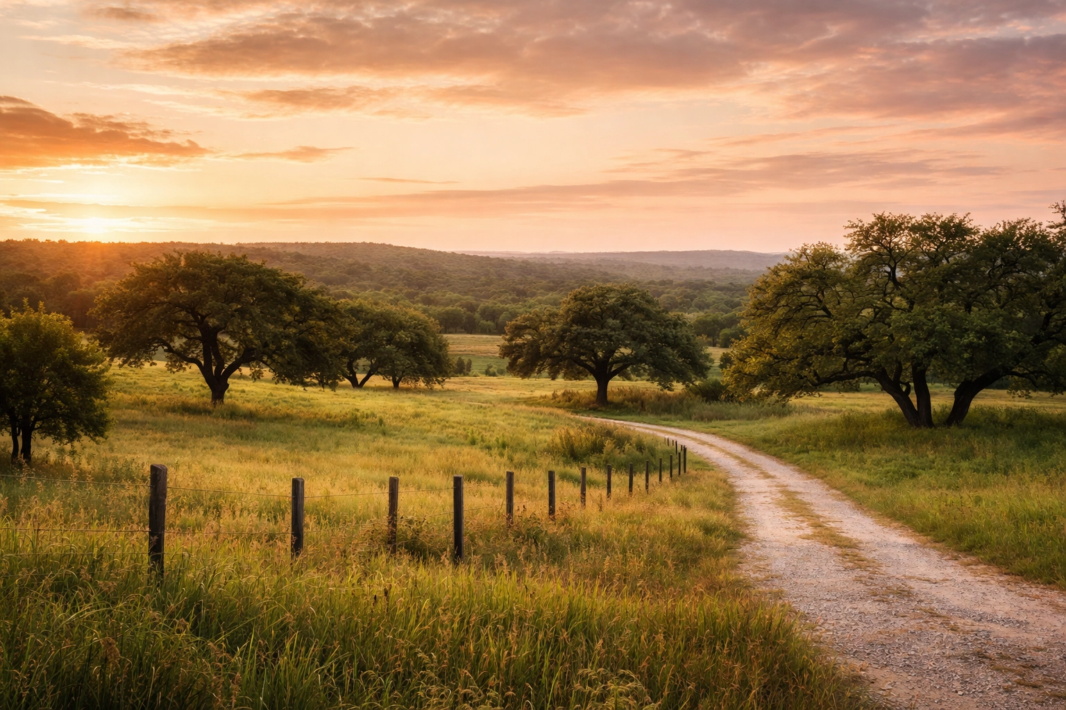 Peaceful sunset view of Texas Hill Country landscape, illustrating the serene setting for addiction recovery treatment.