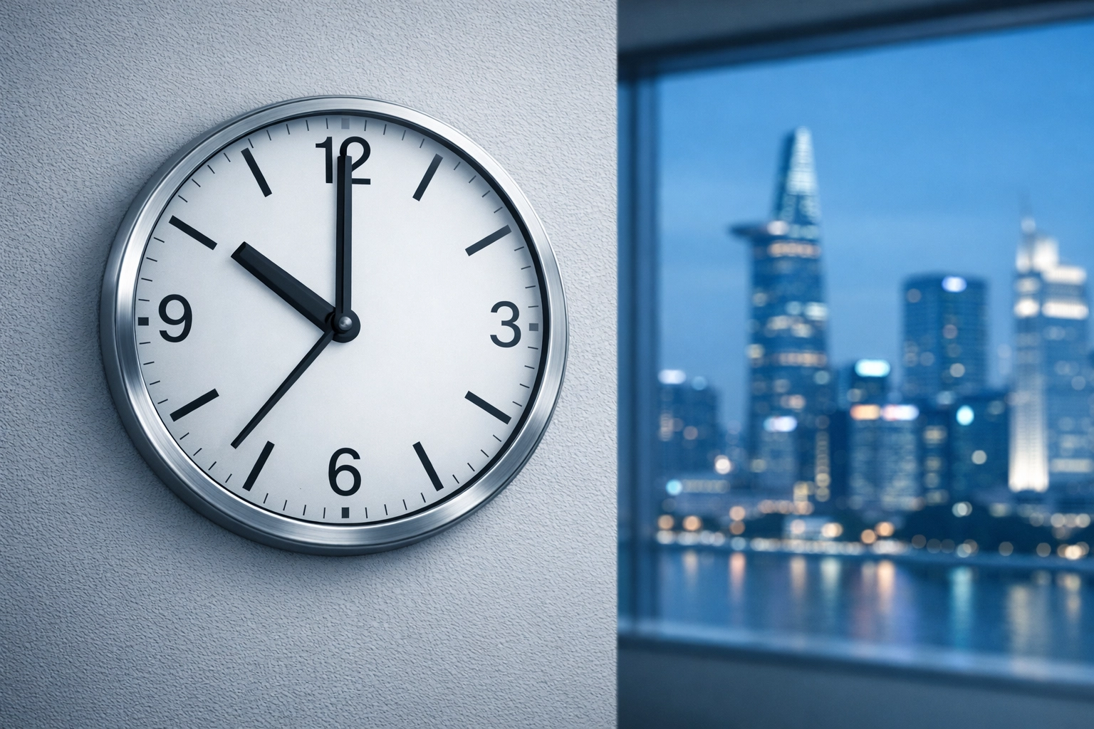 Corporate office clock with city view representing strict deadlines for tax settlement in Vietnam.