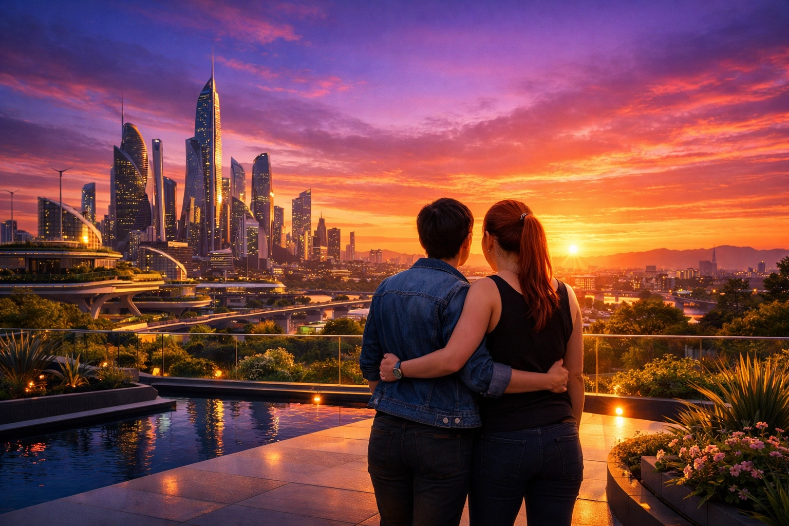 A lesbian couple embracing on a rooftop looking toward a hopeful, vibrant queer future.