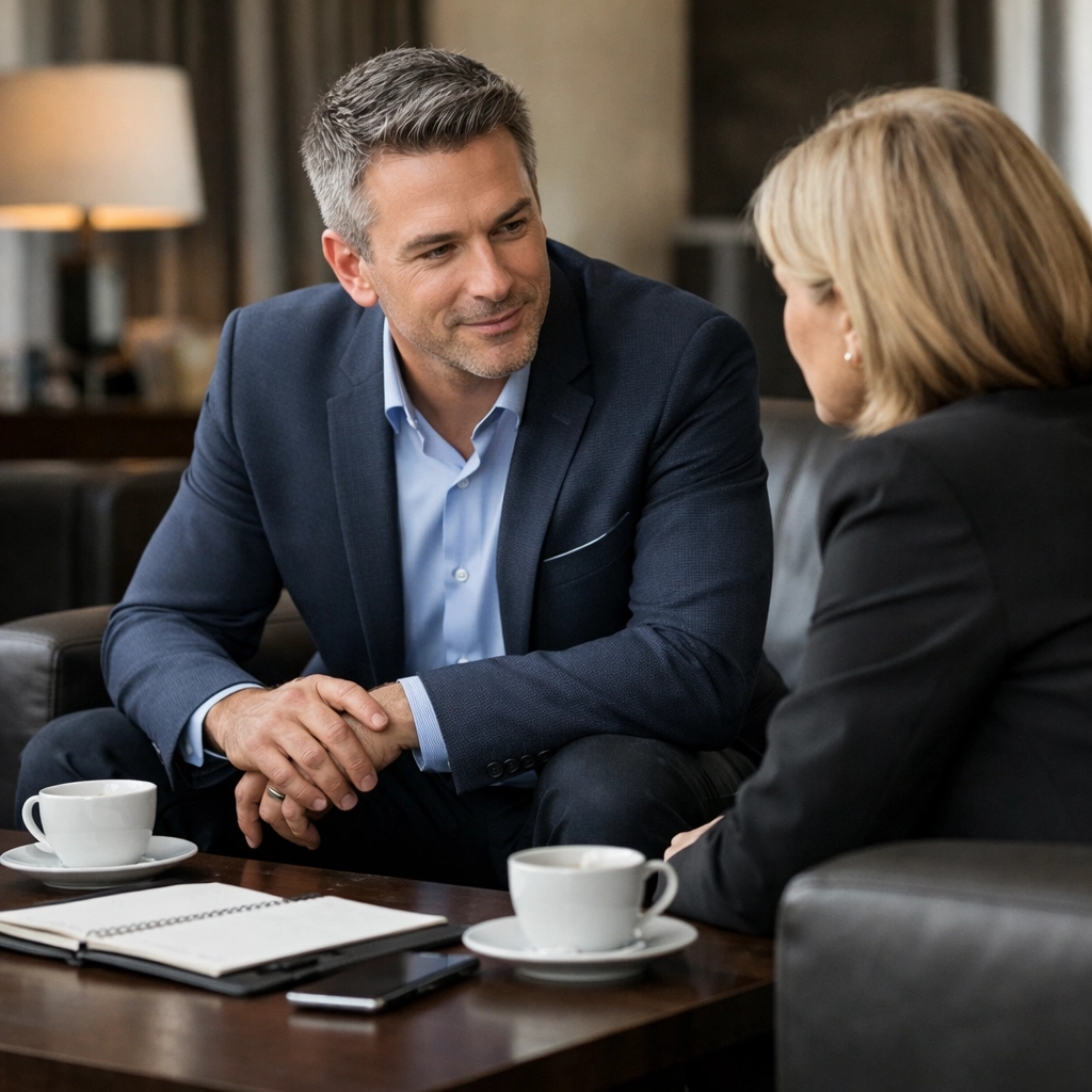 Professional business broker in Jackson MS conducting a confidential advisory meeting in a corporate lounge.