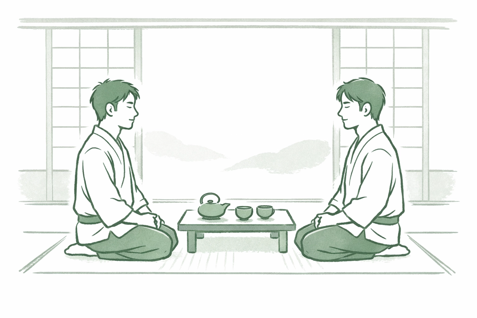 Two Japanese men in meditation, illustrating slow burn gay romance and Zen practice in MM fiction