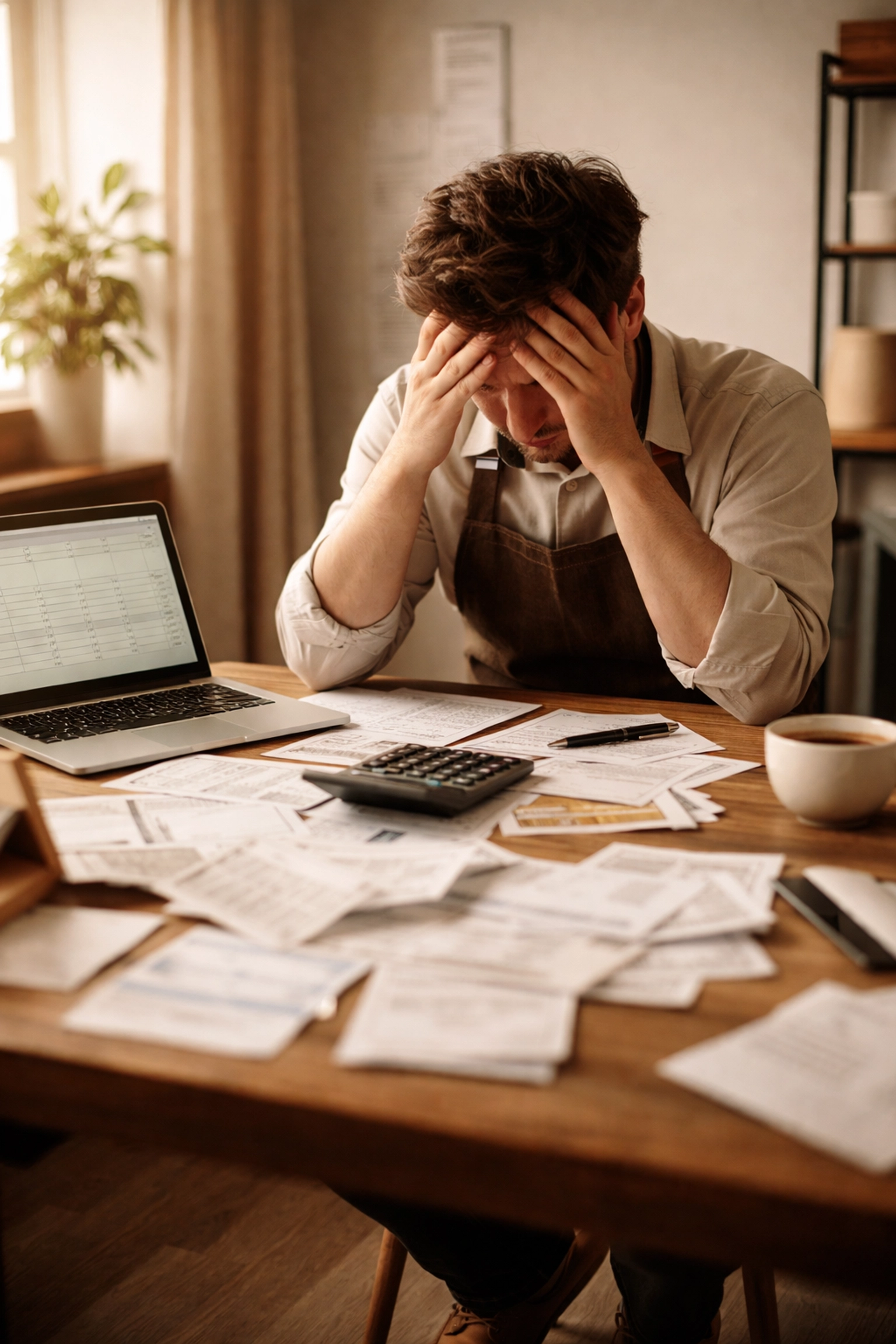 Stressed self-employed business owner overwhelmed by bookkeeping paperwork and expenses at their desk-Do you need a bookkeeper for self-employed work