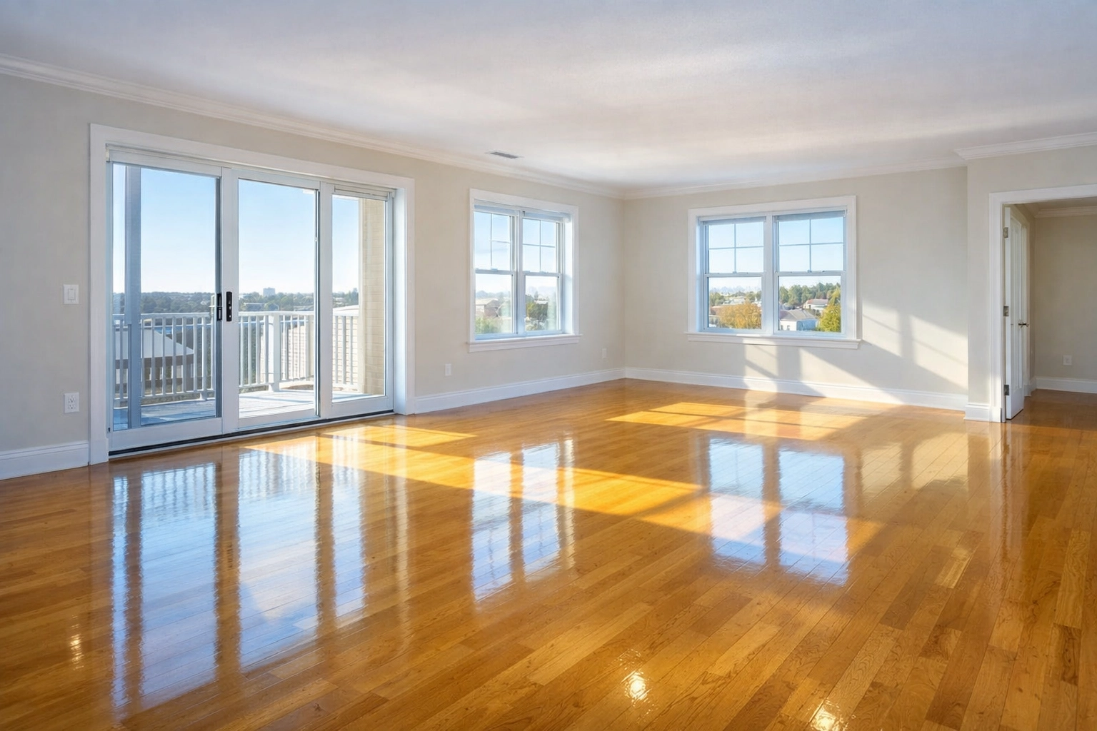Empty living room with shining floors after a stress-free house cleaning Worcester MA move-out service.