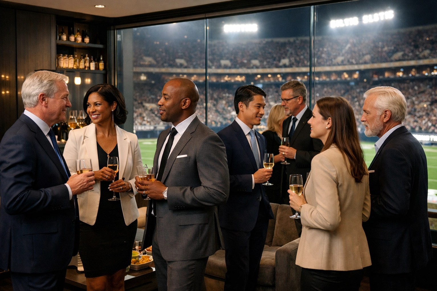 Corporate executives networking in a luxury stadium suite overlooking a professional football field.