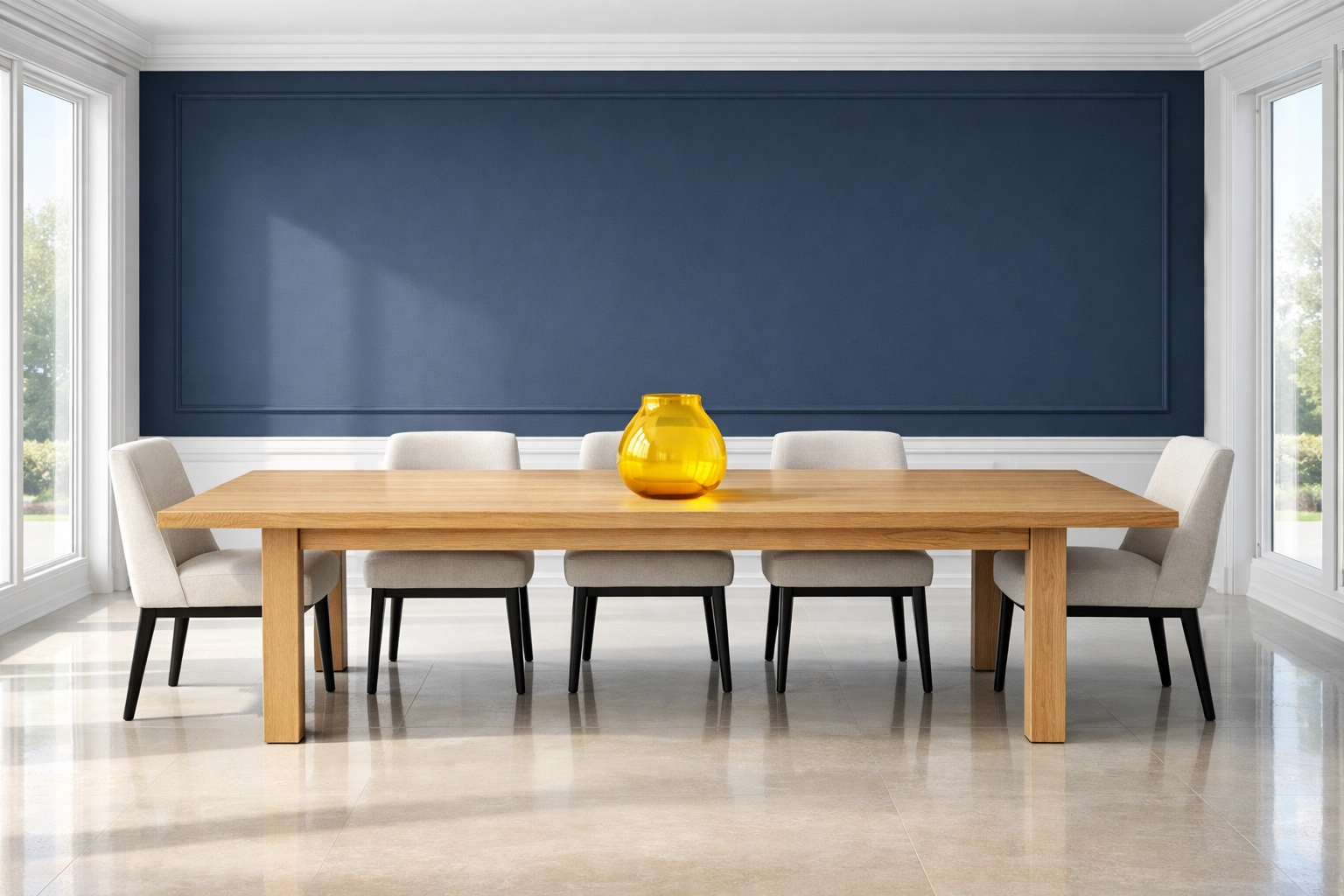 Clean and staged minimalist dining area highlighting spotless windows and a professional blank canvas look.