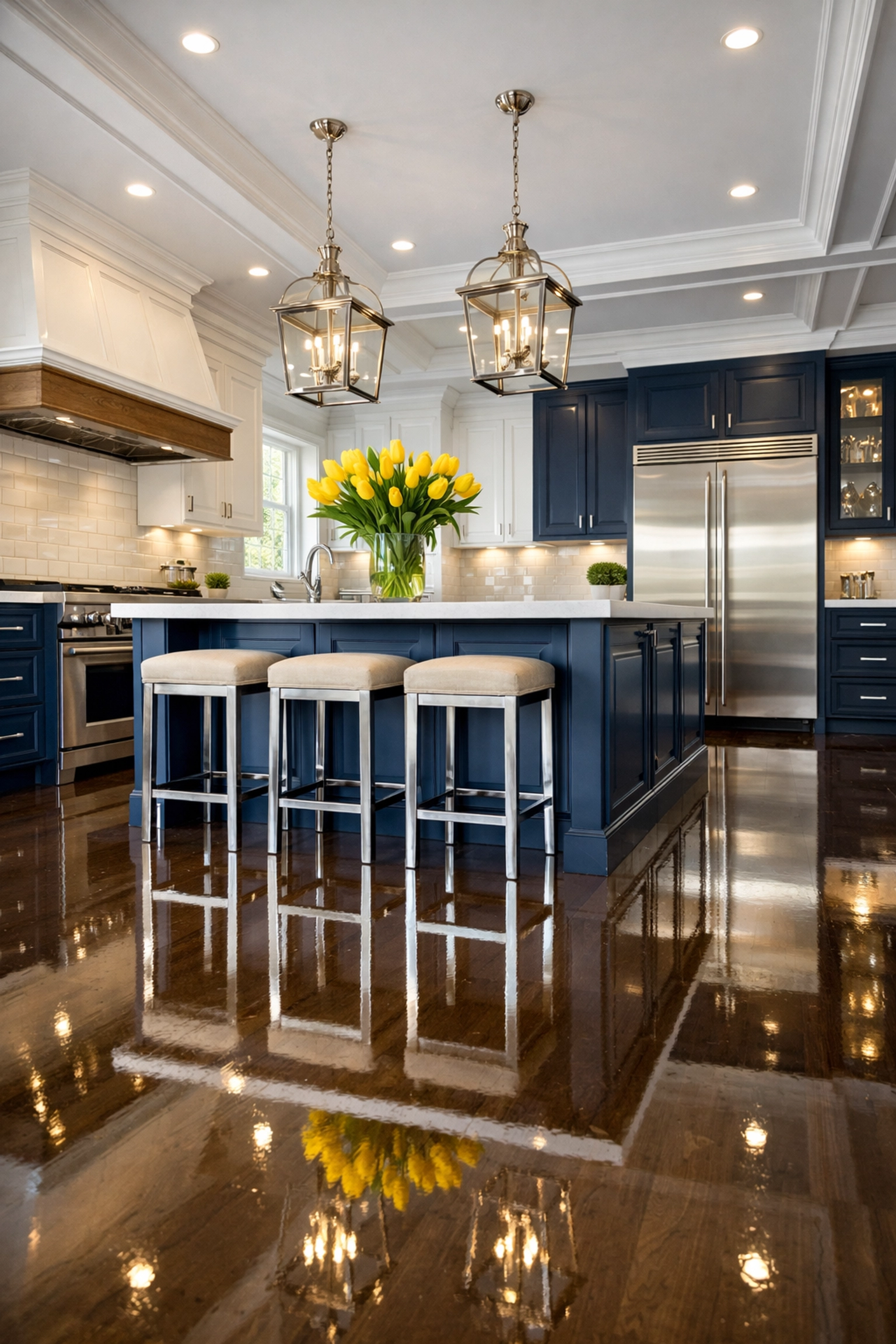 Luxury house cleaning MA in a gourmet kitchen with spotless quartz counters and polished surfaces.