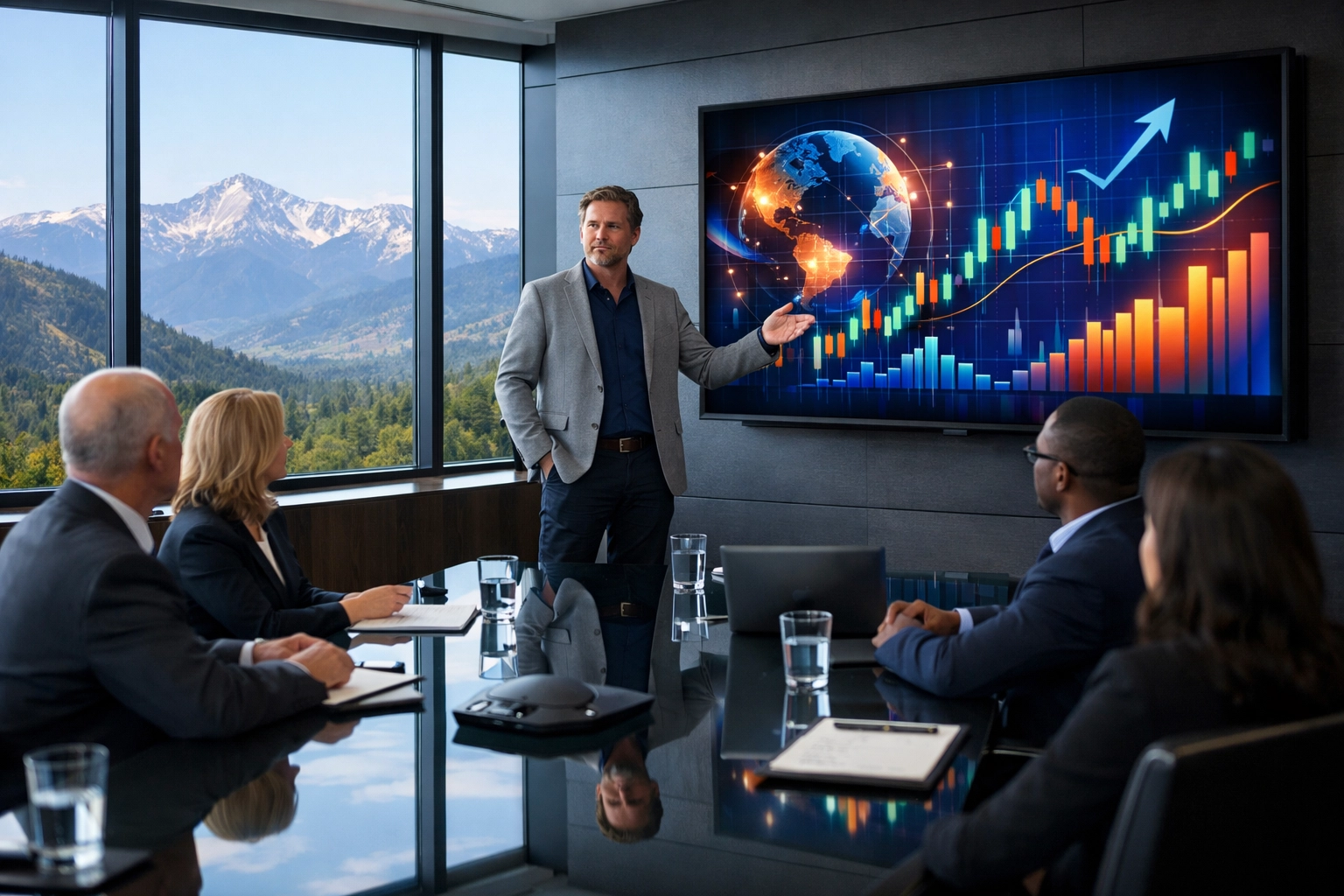 Professional consultant leading a strategic brand session in a boardroom overlooking the mountains.