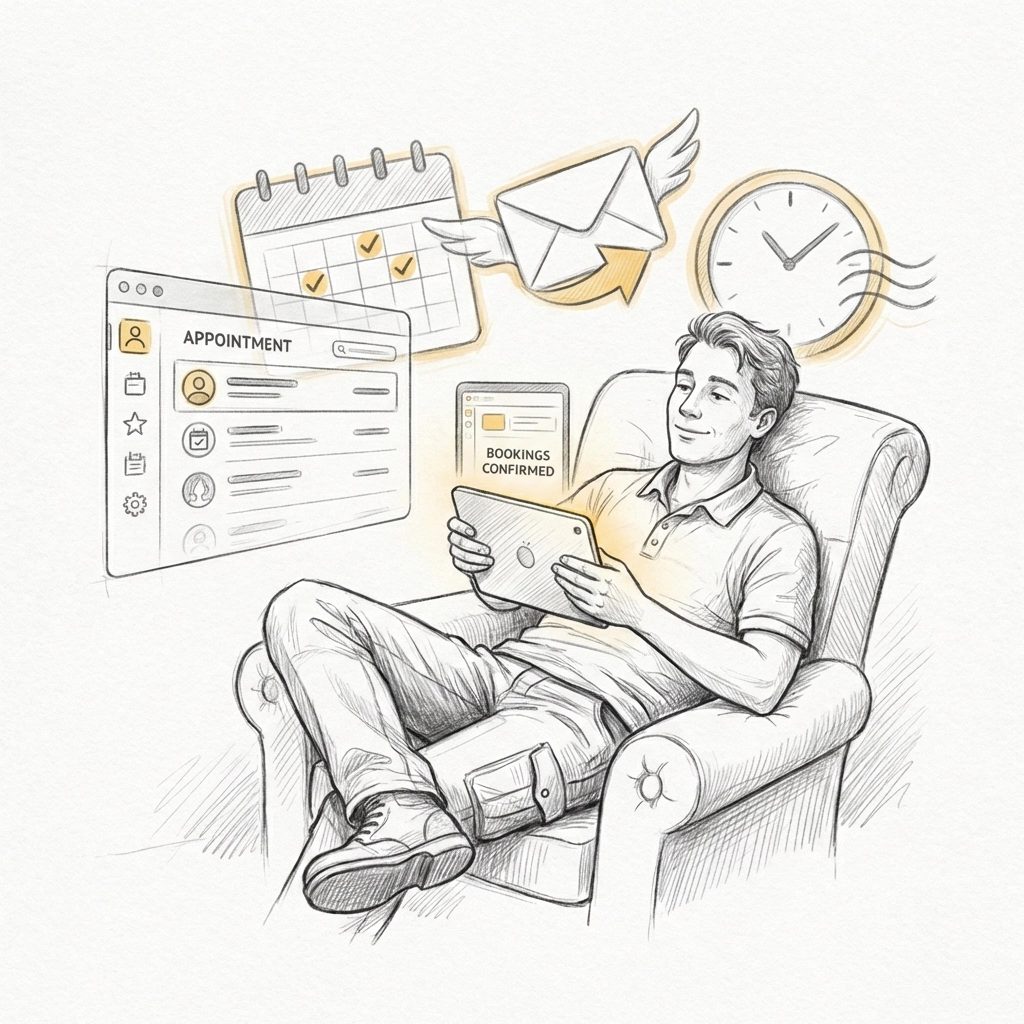 Relaxed service business owner easily automates bookings and scheduling using a simple WordPress alternative platform.