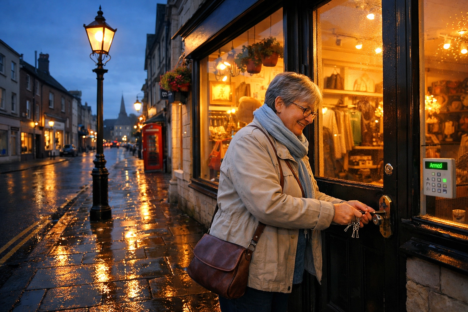 Business owner locking a secure Melksham shop at night with an armed intruder alarm system.