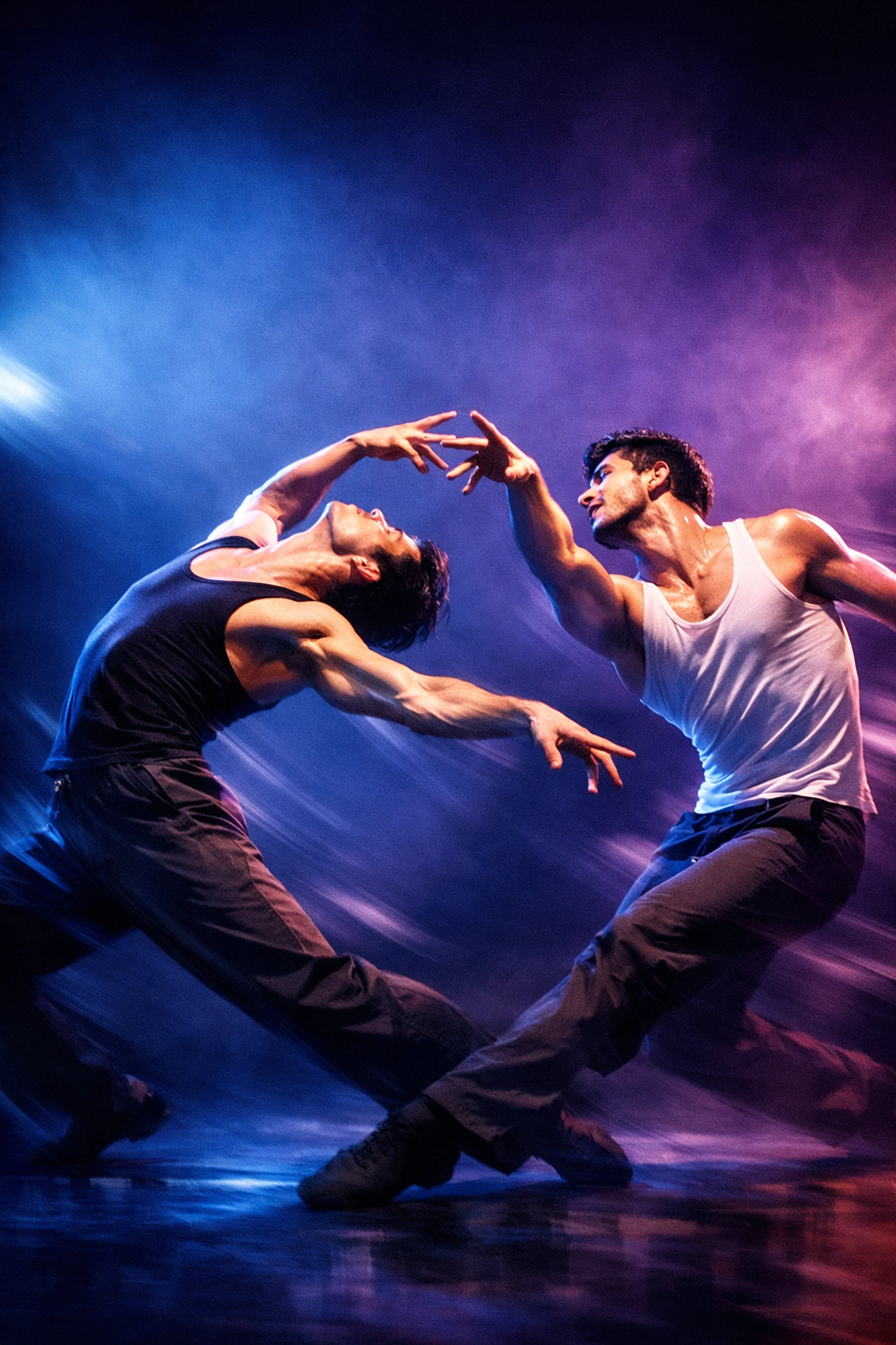 Two male contemporary dancers in passionate embrace showcasing modern dance romance