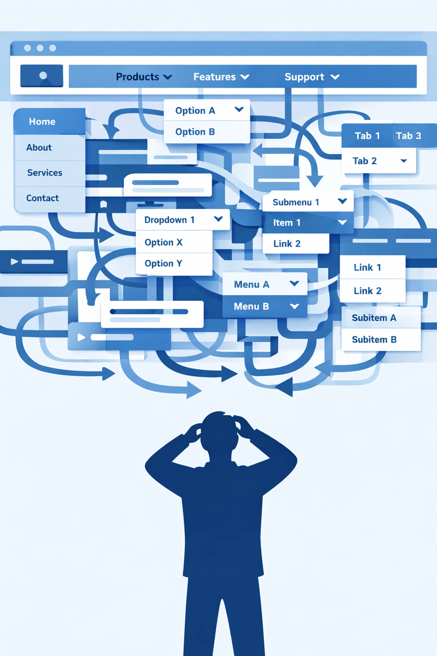Confusing website navigation with cluttered menus causing poor user experience