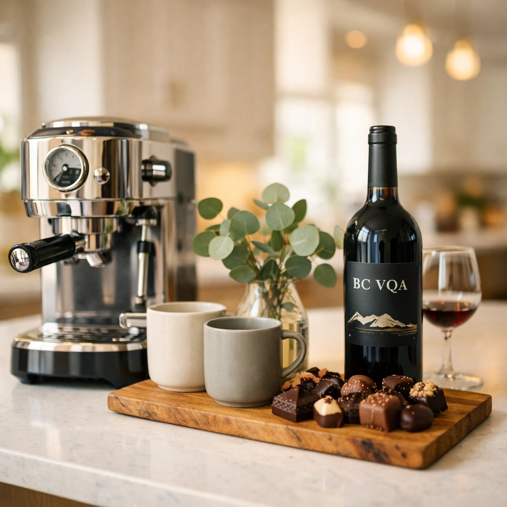 Modern kitchen guest welcome station with a coffee machine and local BC wine for short-term rentals.