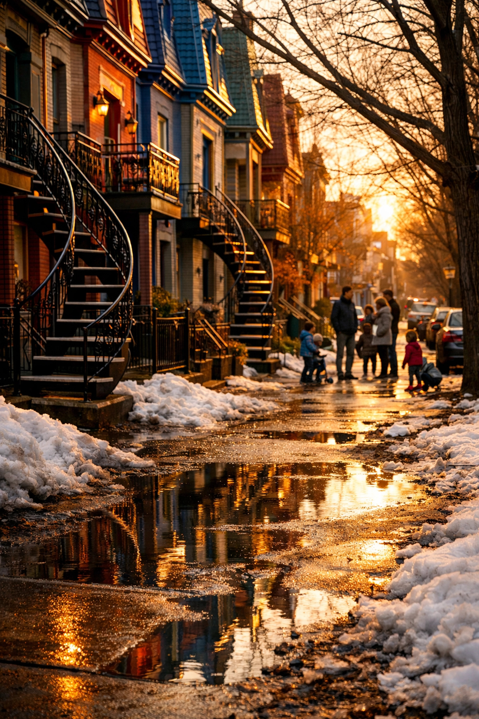 Iconic colorful houses and winding staircases in Montreal's Plateau neighborhood during early spring.