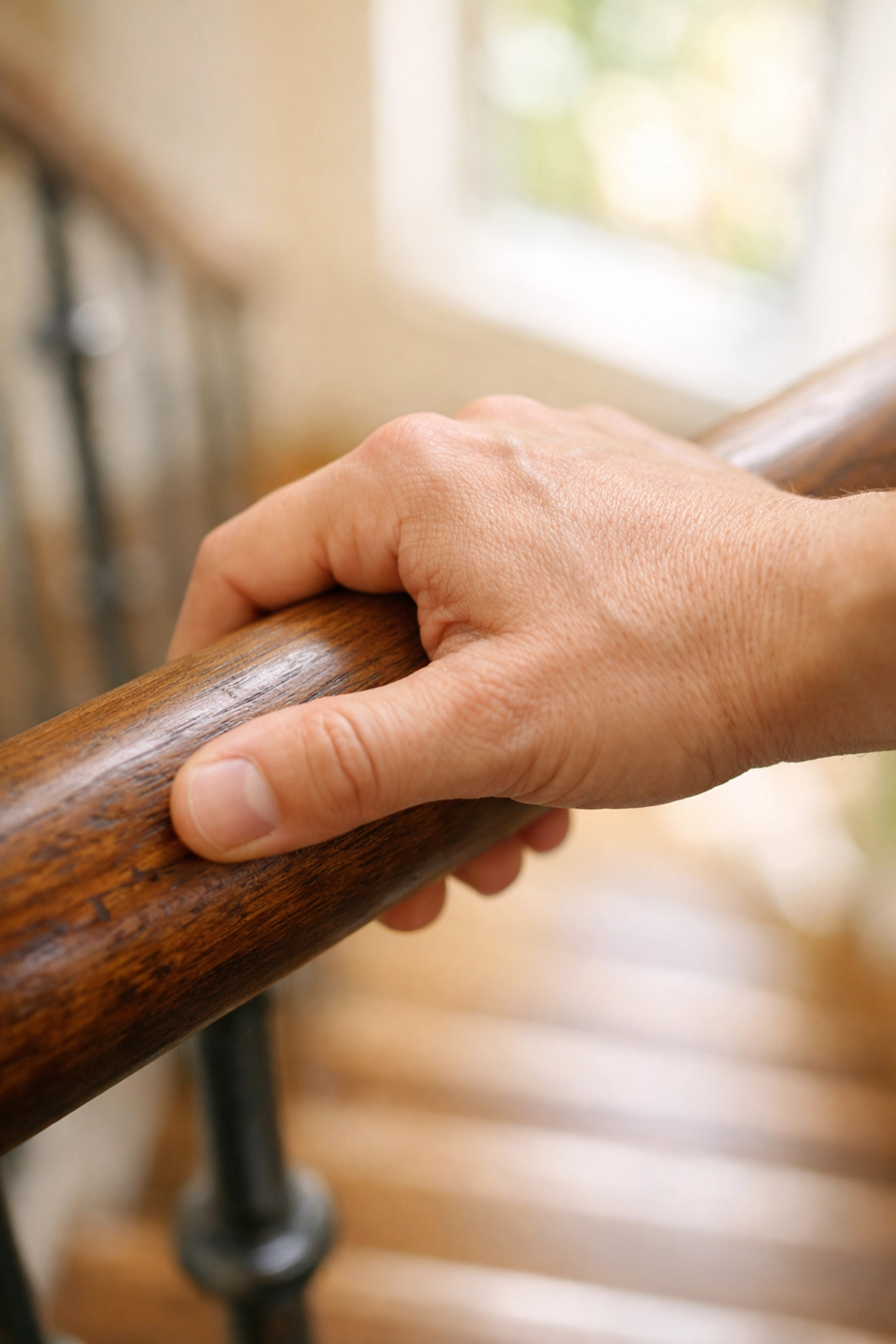 Close-up of a hand securely gripping a sturdy wooden handrail for stability while using the stairs.