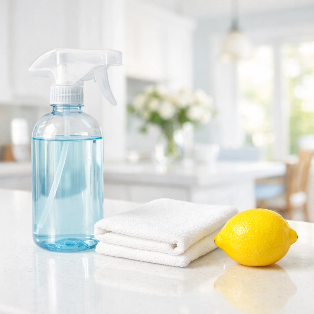 Eco-friendly residential cleaning supplies used by professional cleaners in a sunlit Needham MA home.