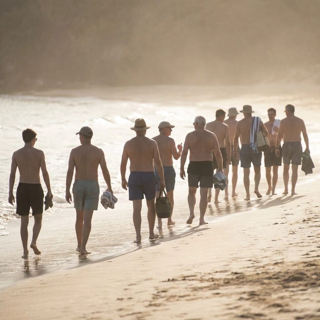 Gay men walking along naturist beach at Mpenjati embracing body positivity and freedom at sunset