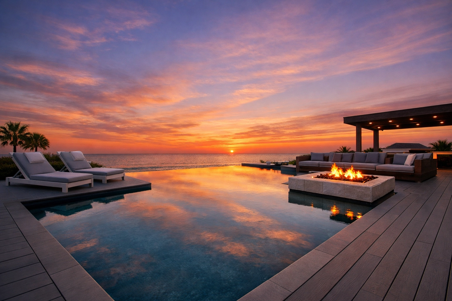 Immaculate infinity pool and outdoor lounge on Bolivar Peninsula at sunset under professional care.