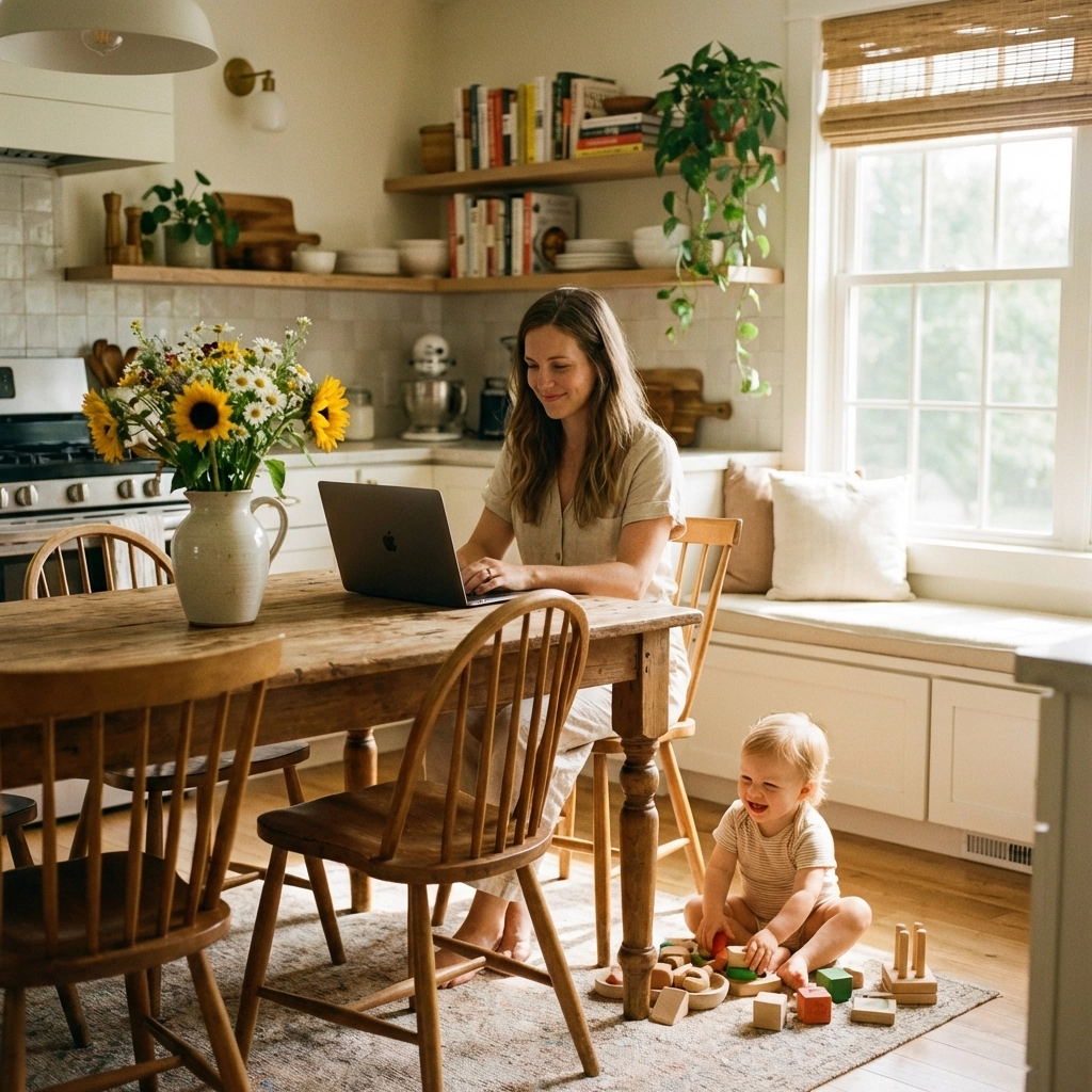 Mother balancing remote work and parenting, illustrating flexible travel advisor jobs for moms.