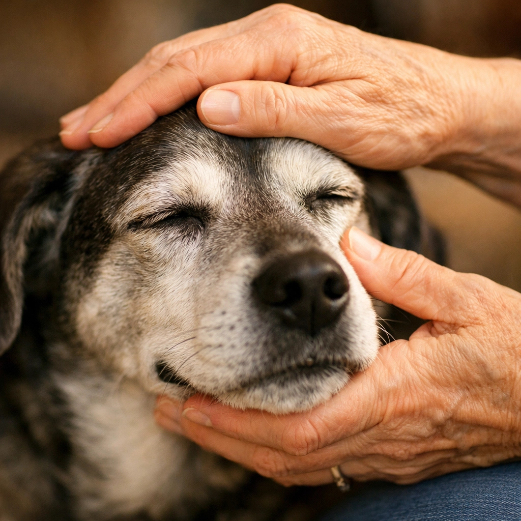 Person gently petting senior dog's head, showing the bond between rescue dog and caregiver
