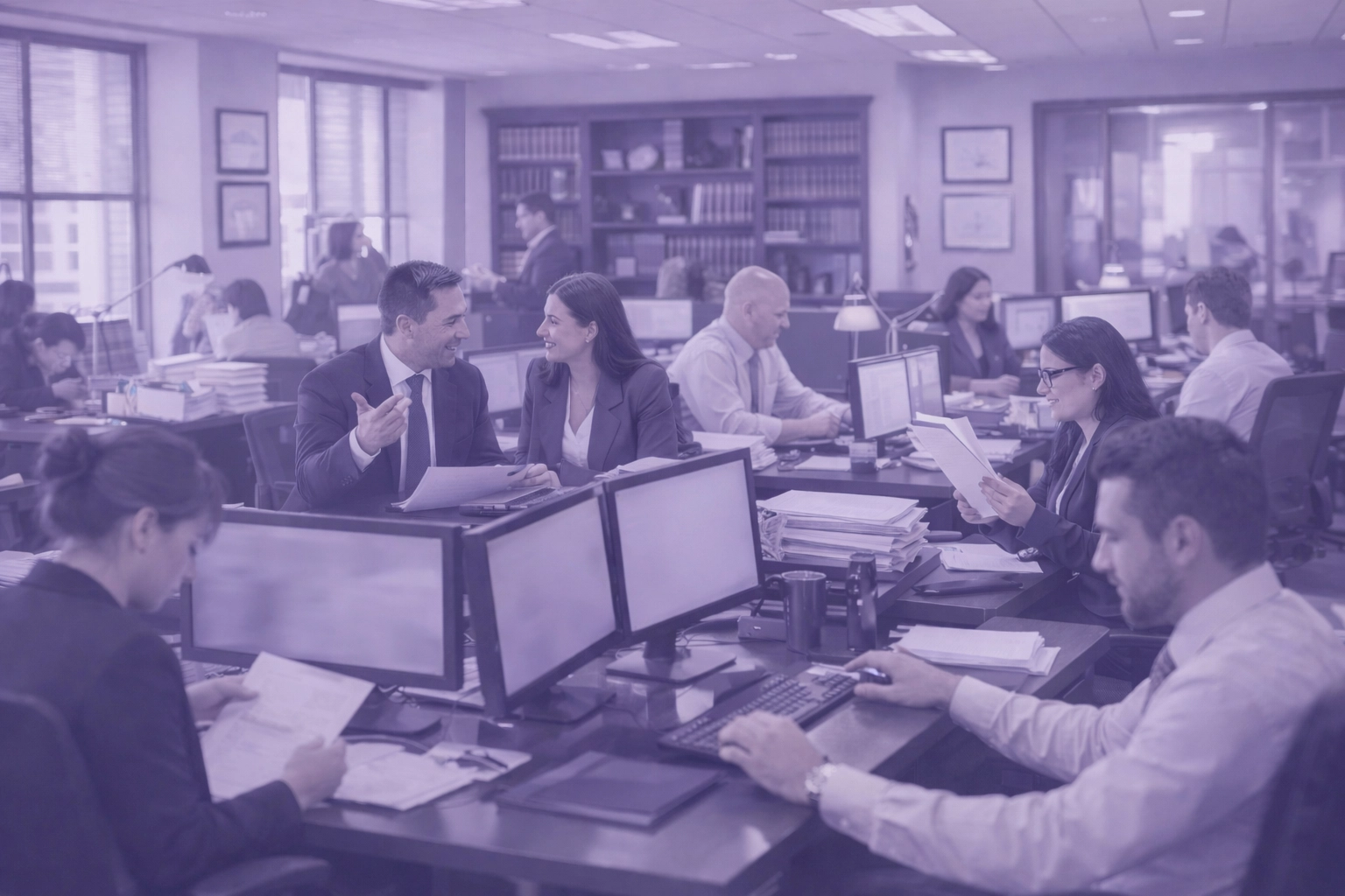 Busy modern law office showing high energy and productivity through automated billing and workflow management.