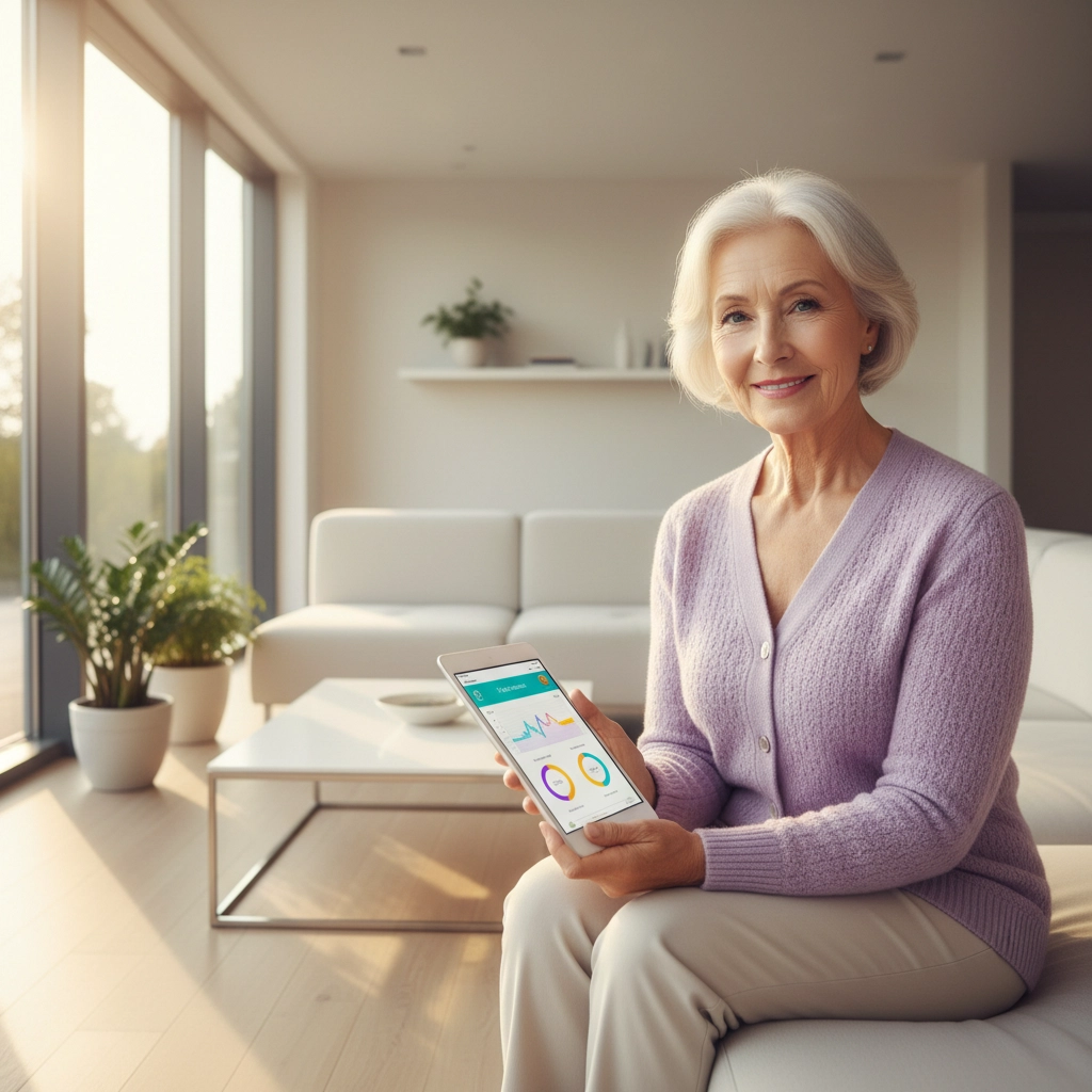 “Mature adult reviewing investment options on a tablet, surrounded by wellness devices and health tech products, symbolizing longevity and financial planning.”