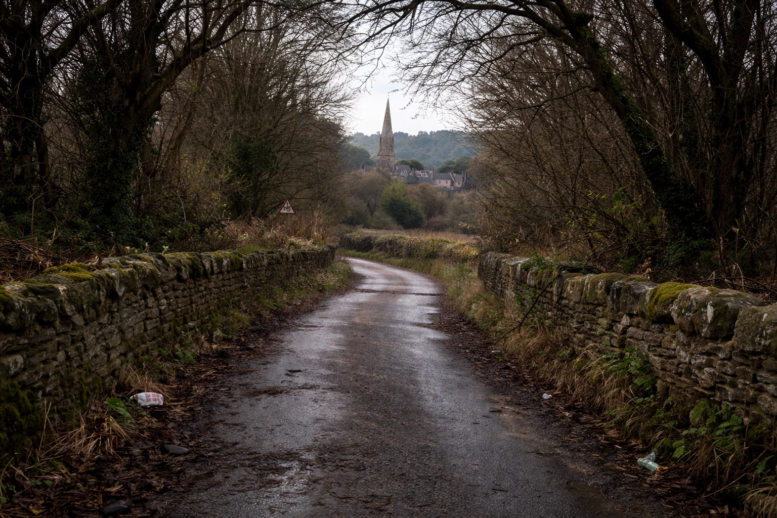 Realistic, moody photo: narrow Cotswolds lane at dusk with wet stone, dry-stone wall, silver-blue Mercedes 16-seater mini-coach parked carefully; soft headlights, no dramatic editing.