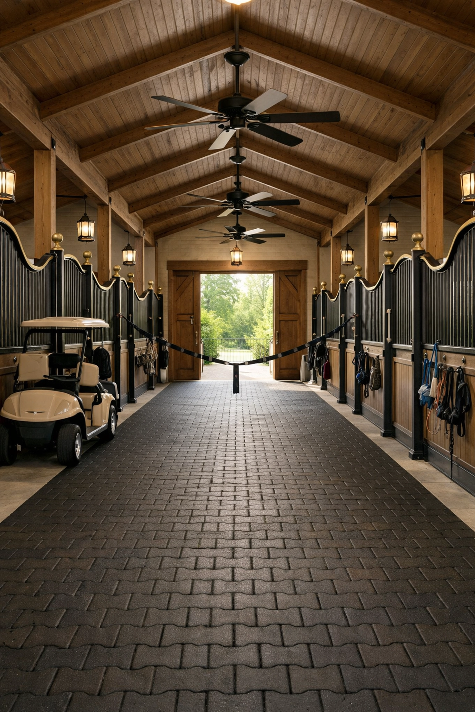 Wide barn breezeway with European stall fronts and rubber flooring in high-end Charlotte stable