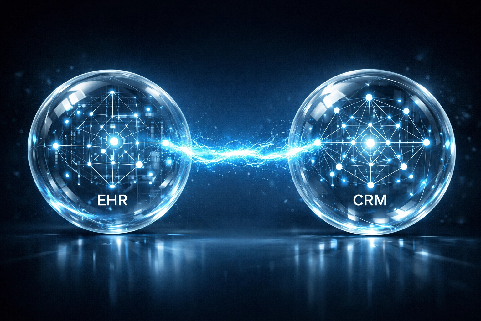 EHR and CRM systems syncing through a secure bridge for a unified patient view.