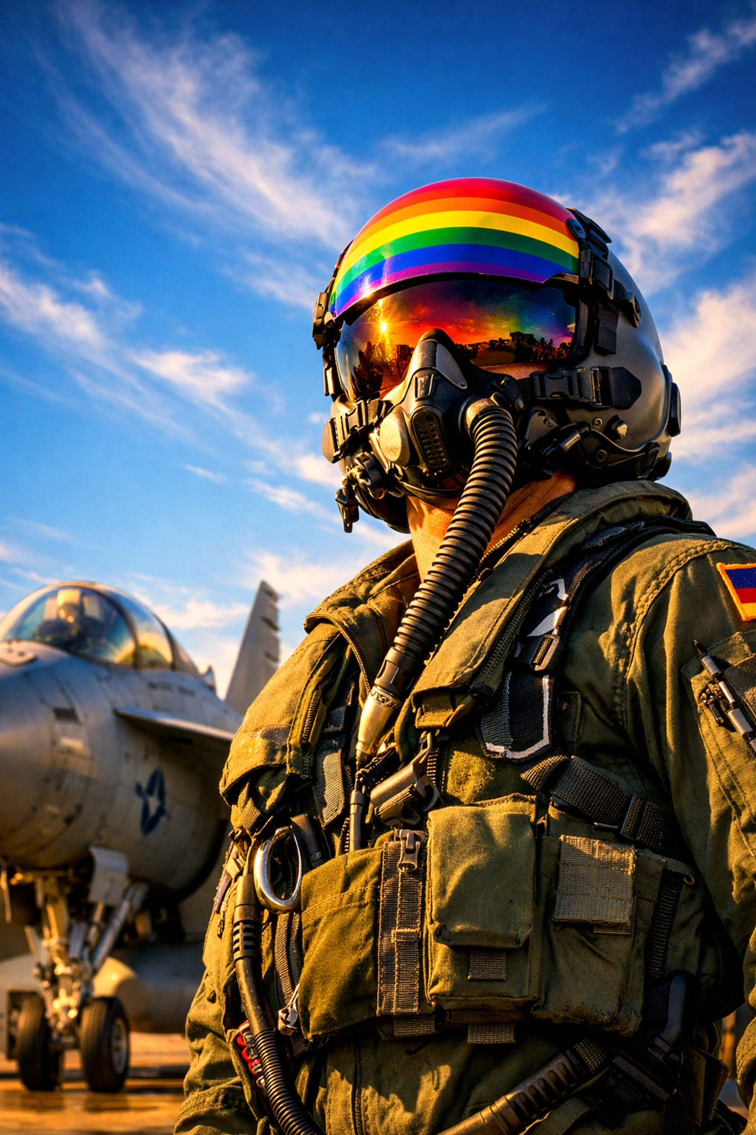 Military fighter pilot in gear representing gay military romance heroes