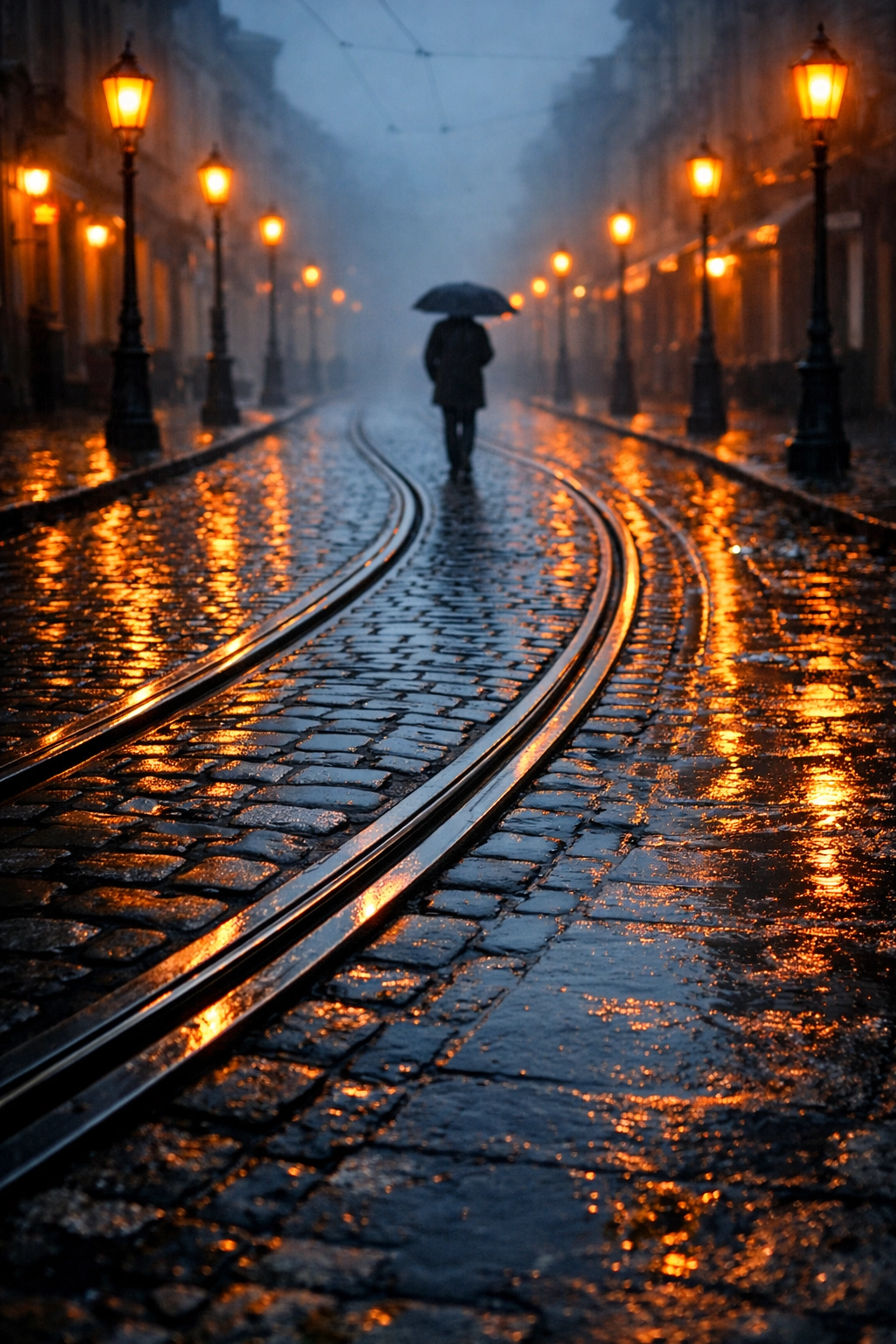 Tram tracks on a wet cobblestone street at dawn, highlighting leading lines in street photography ideas.