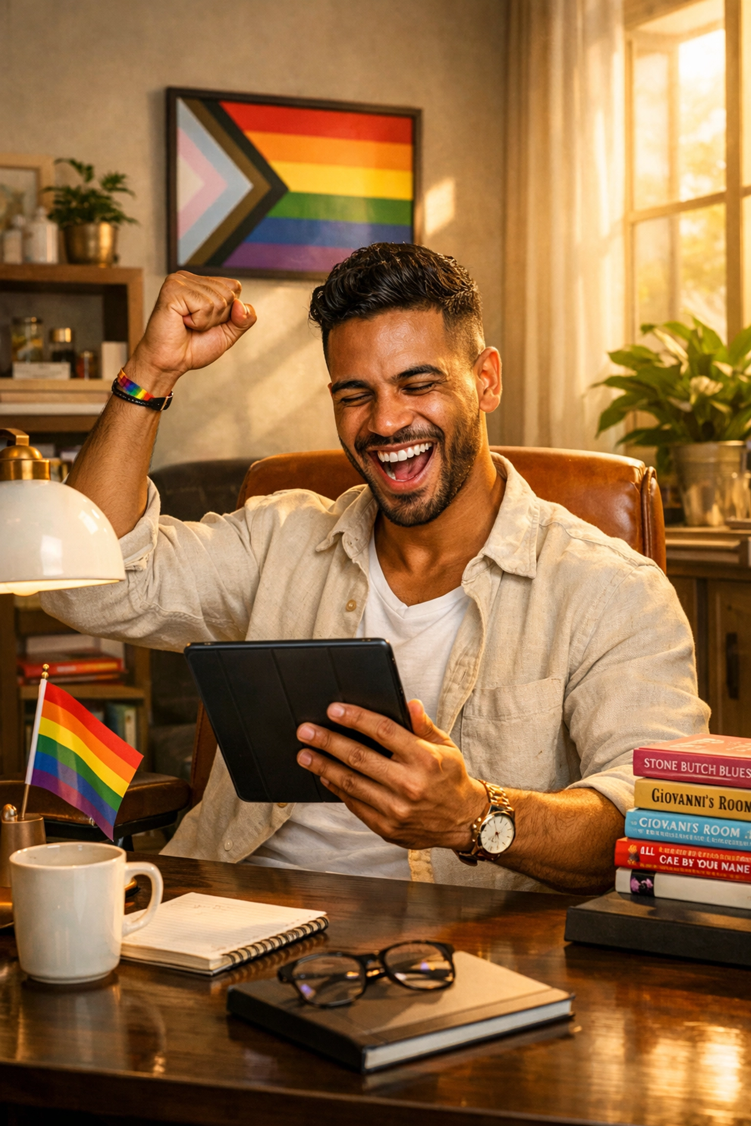 A successful gay author celebrating high royalties and publishing success in a modern home office.