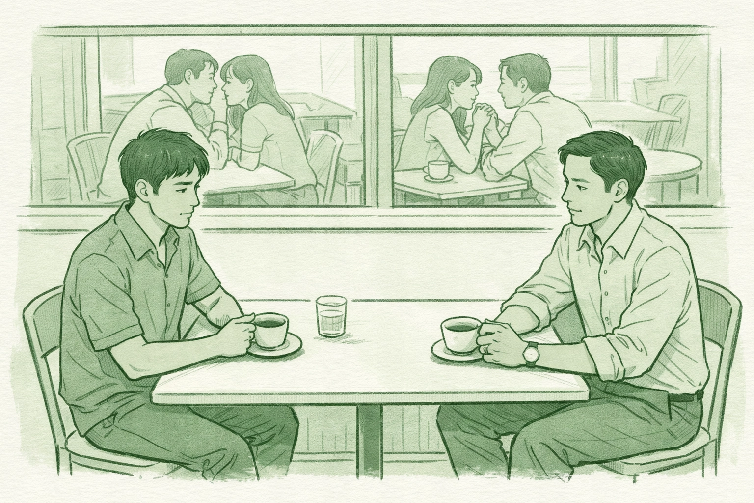 Two gay men keeping distance at Singapore café illustrating public restraint for LGBTQ+ couples