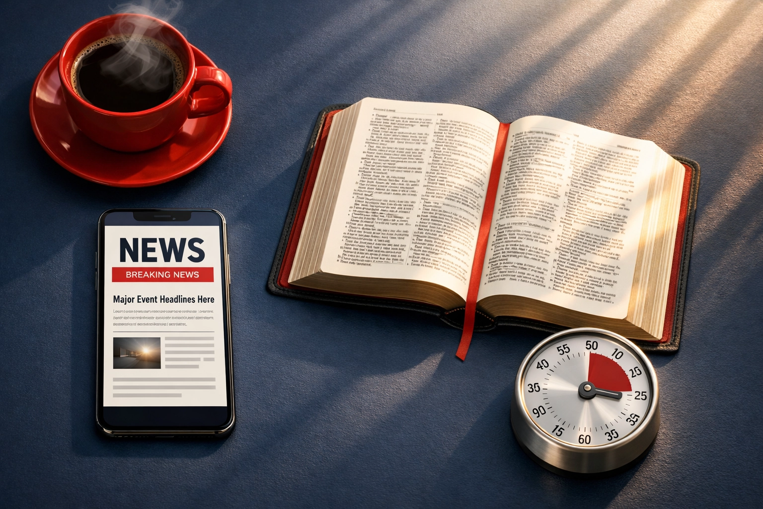 Desk with smartphone, Bible, coffee, and 3-minute timer for processing news peacefully