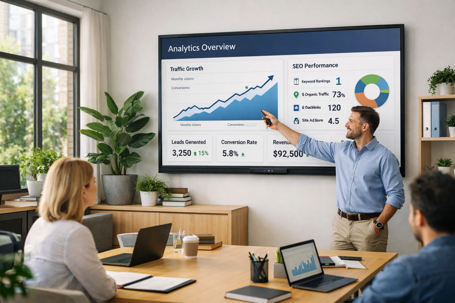 Professional digital marketing dashboard showing growth metrics and SEO services UK performance.
