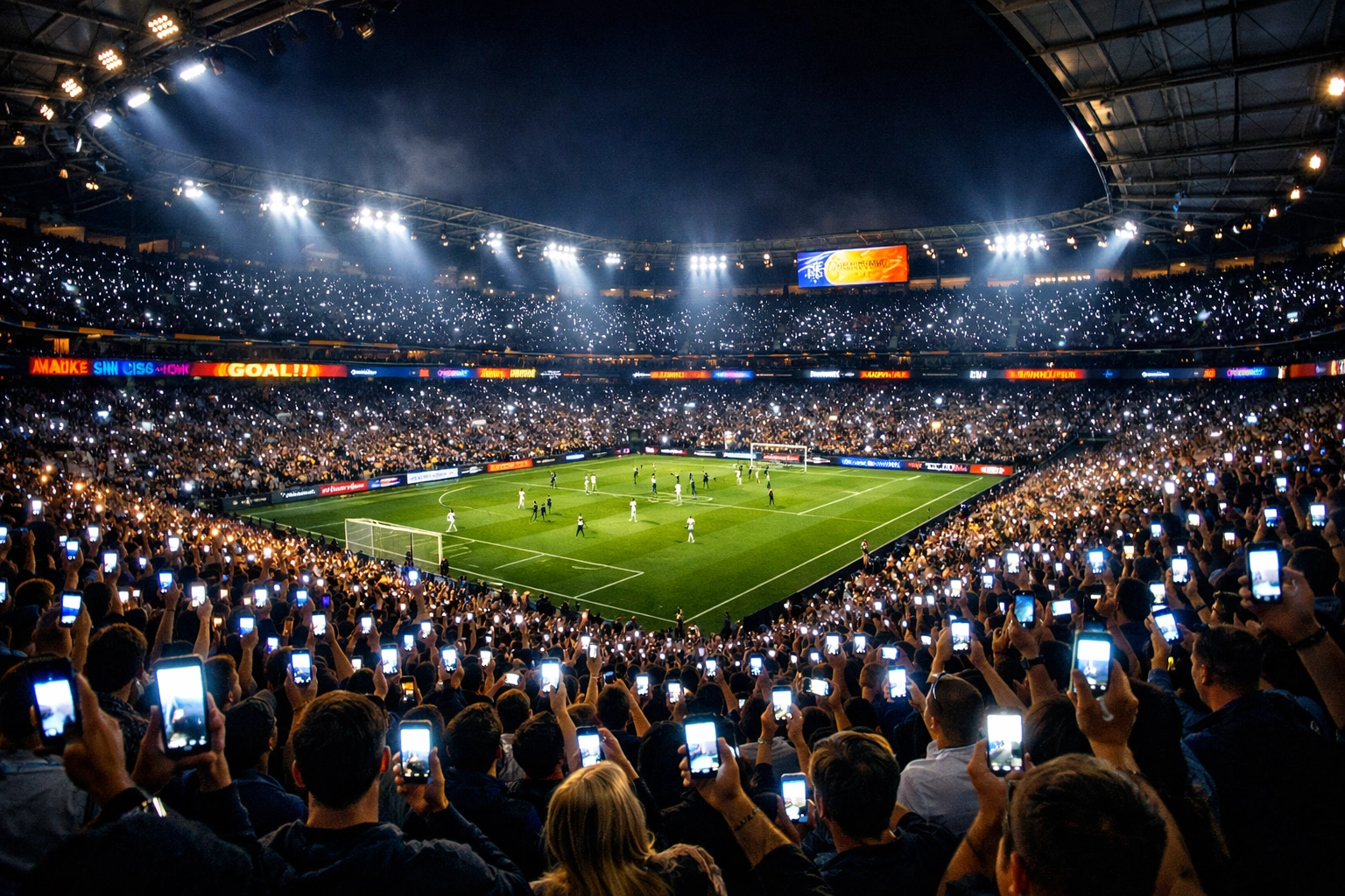 Sports fans using smartphones during Super Bowl game creating digital engagement at stadium