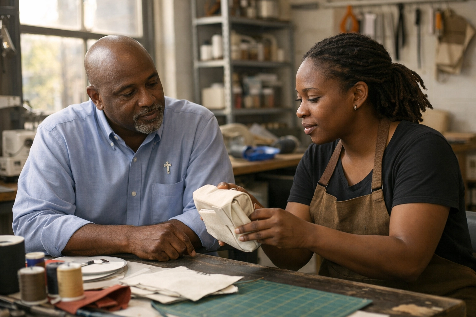 A pastor mentoring a Black female entrepreneur, illustrating faith-based economic empowerment and local business support.