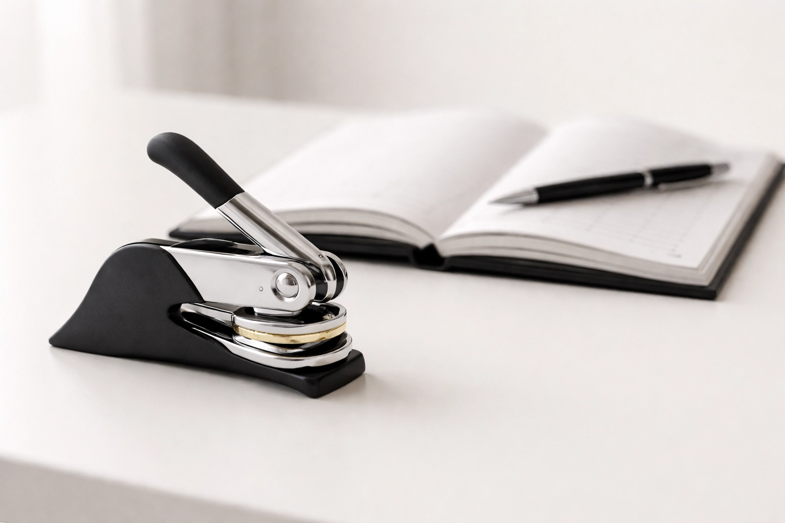 Close-up of a notary public's official seal, open journal, and pen on a clean desk