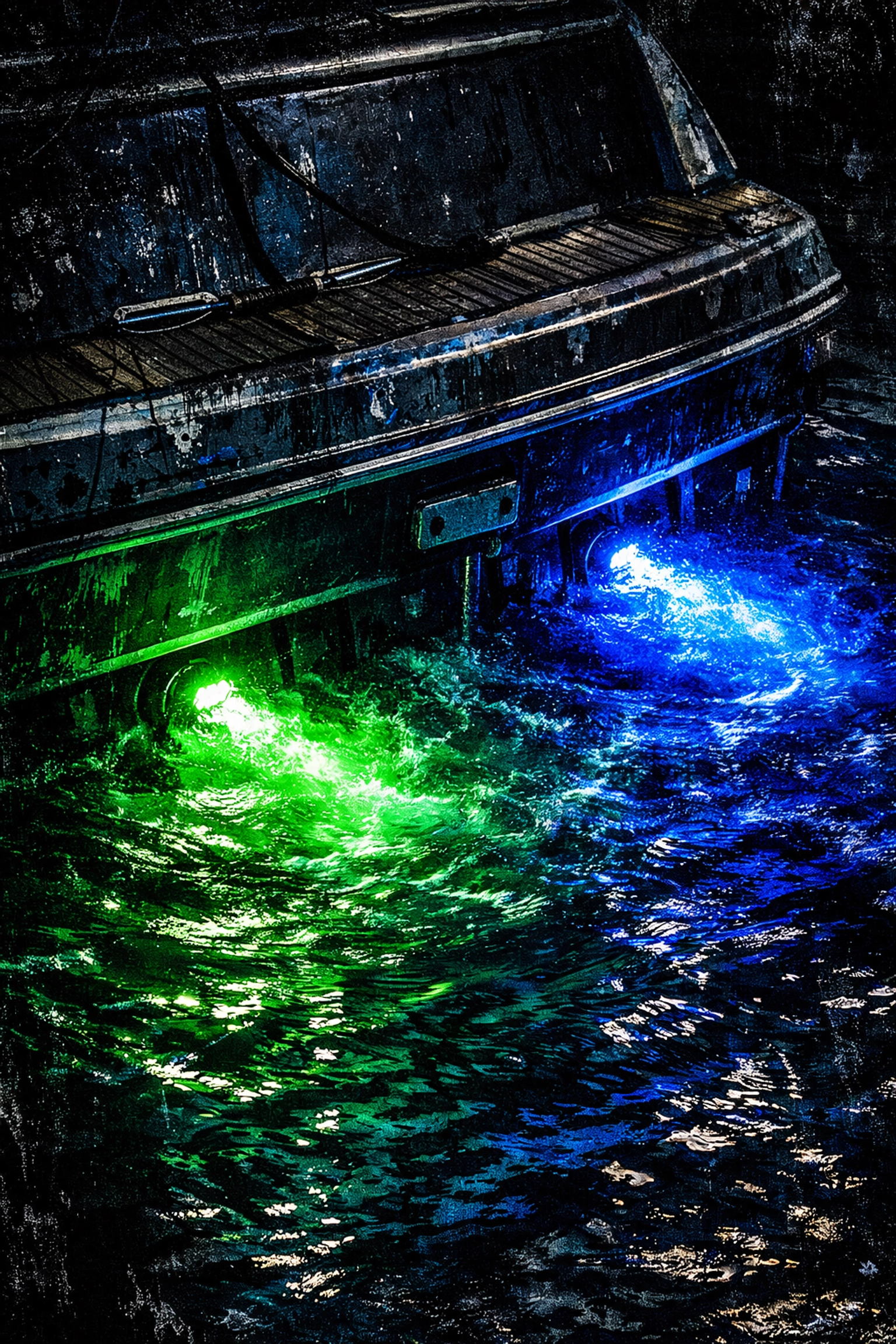 High-performance emerald and sapphire blue underwater LED lighting installed on a boat transom.