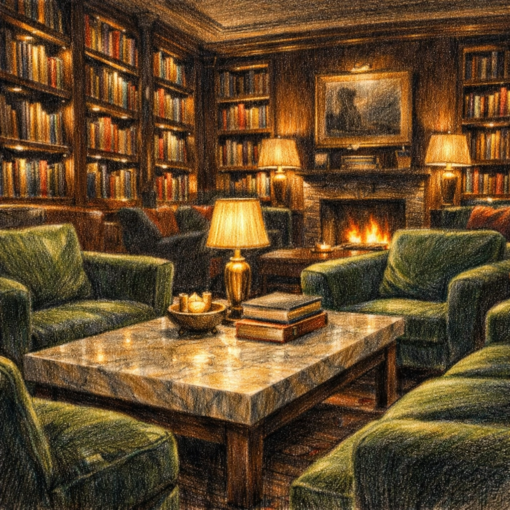 Boutique hotel interior design of a luxury library lounge with velvet chairs and a residential feel.