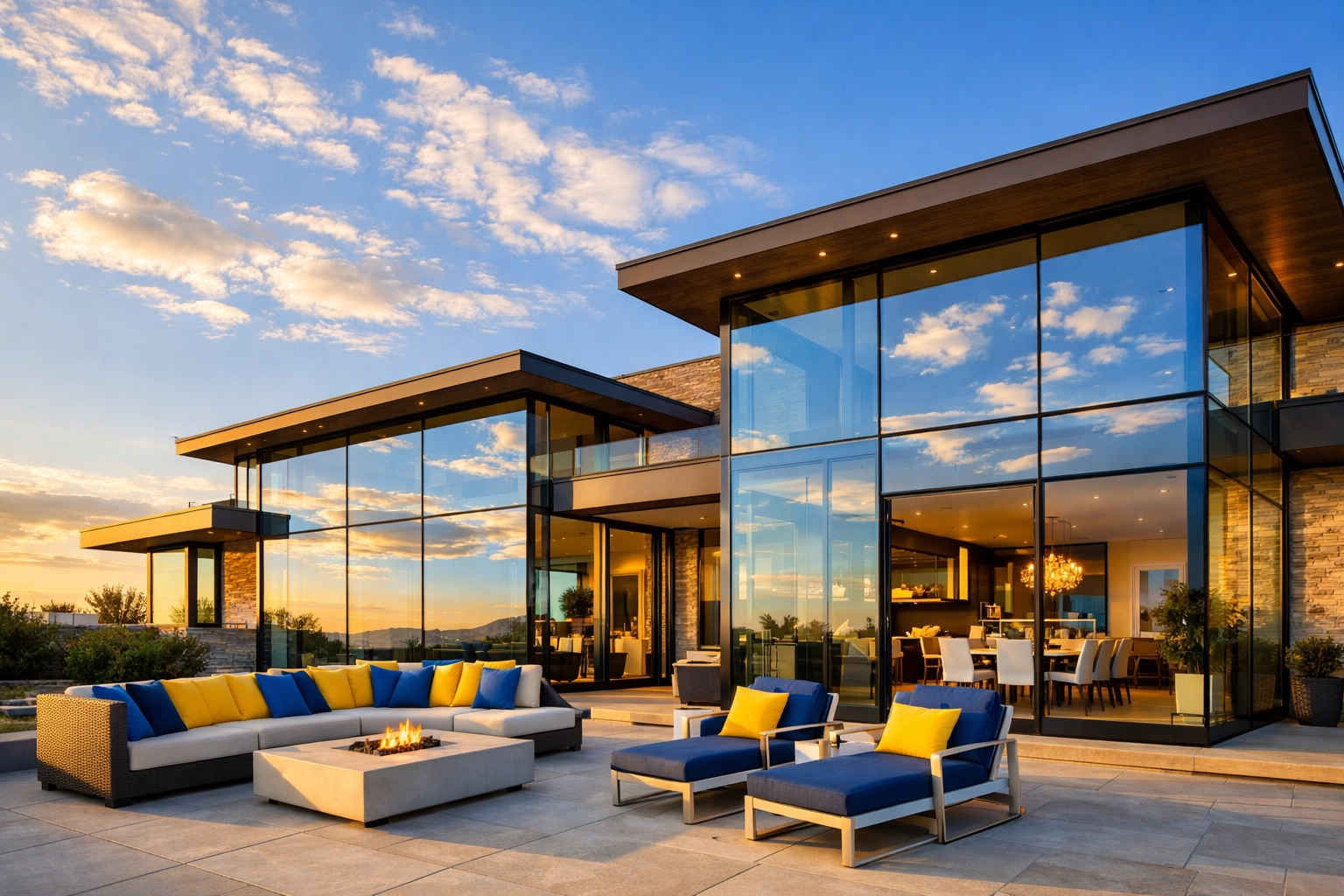 Modern luxury home featuring flawlessly clean and transparent exterior glass windows reflecting a clear blue sky.