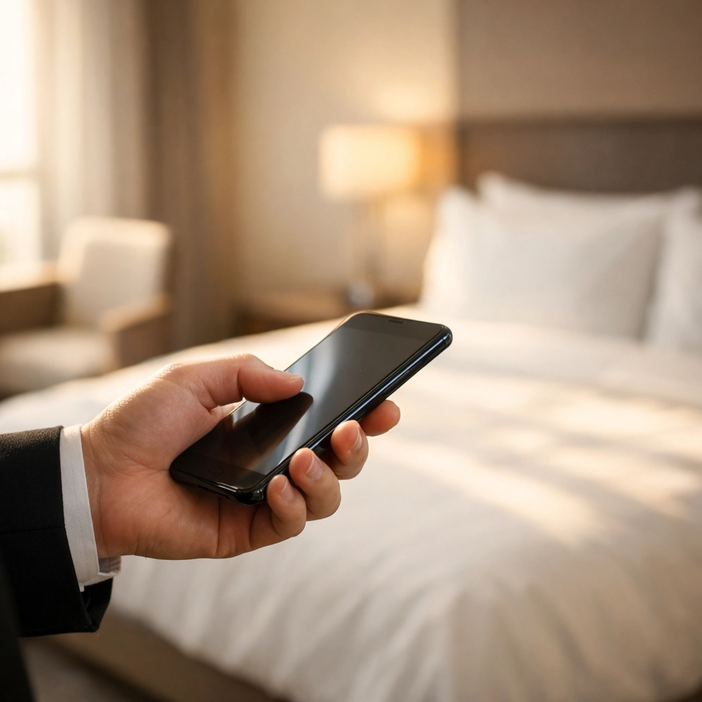 Hotel staff managing room status on a mobile device in a minimalist hotel guest room.
