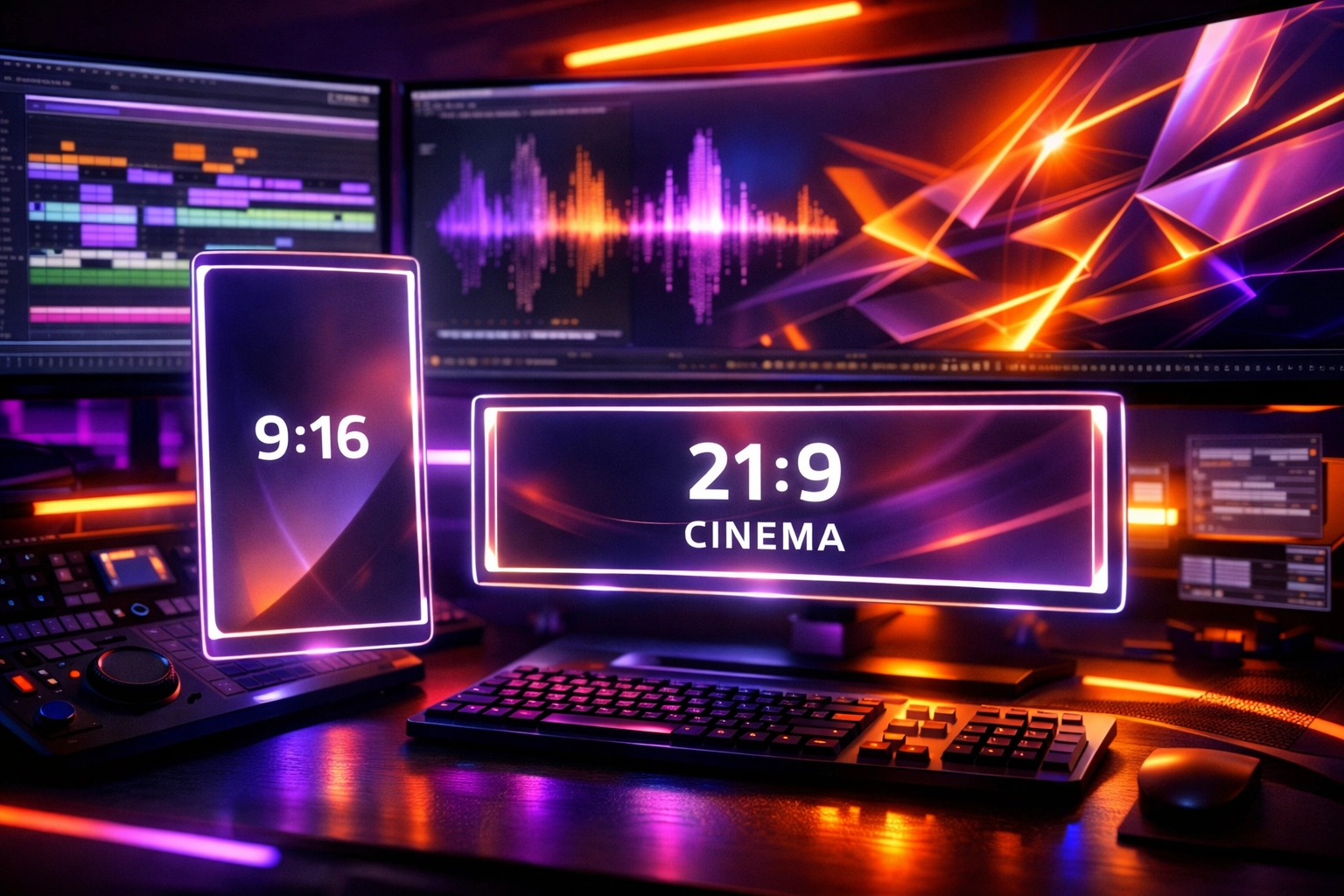 Digital workstation showing automated AI video editing timelines for multi-platform social media marketing.
