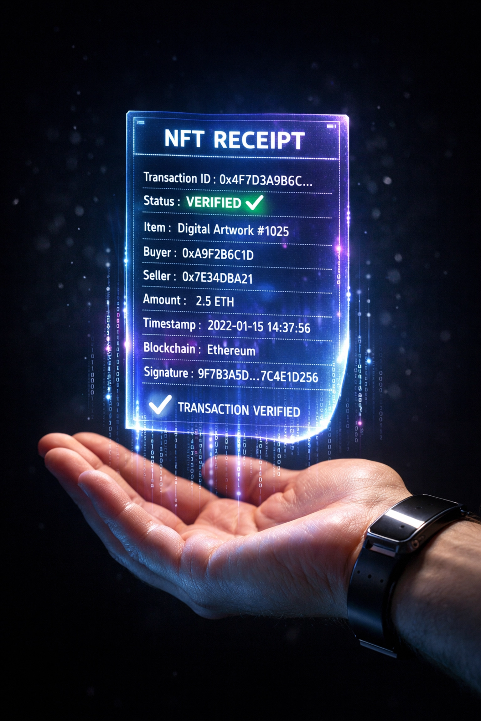 NFT receipt for crypto payment transaction with blockchain verification and proof-of-payment
