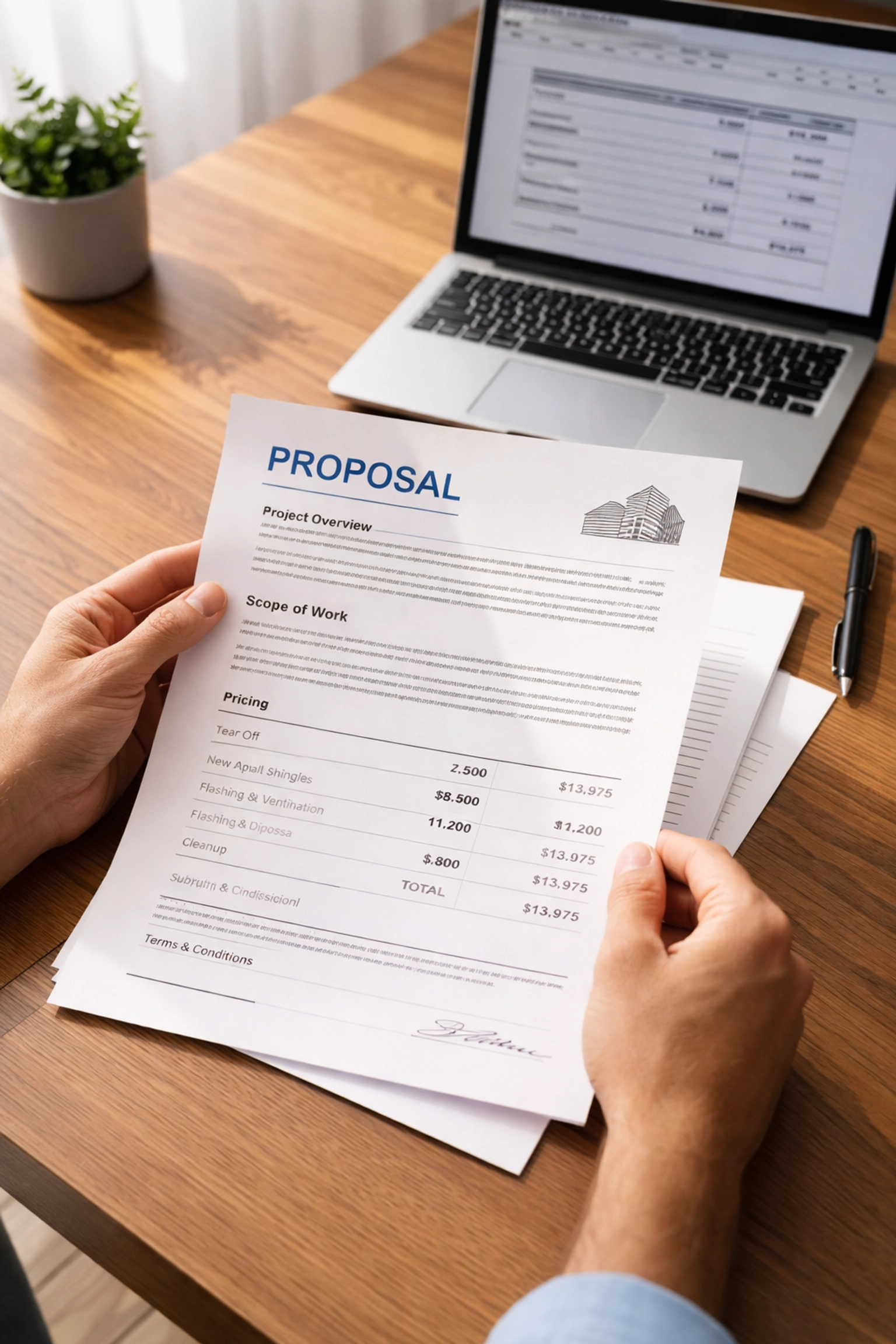 Homeowner reviewing a multi-page roofing proposal and estimate at a tidy desk, illustrating proposal clarity