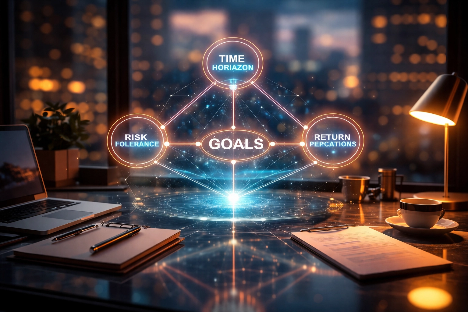 Investor's desk featuring holographic displays of portfolio goals like risk tolerance and return expectations