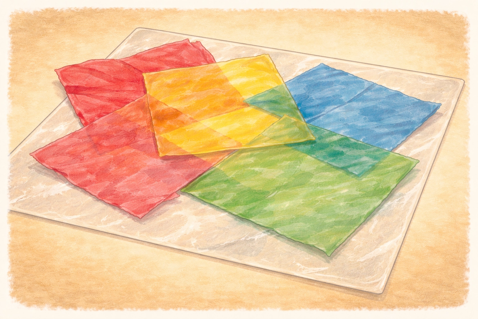 Overlapping tissue paper pieces in bright colors demonstrate color mixing for a kids suncatcher craft activity.