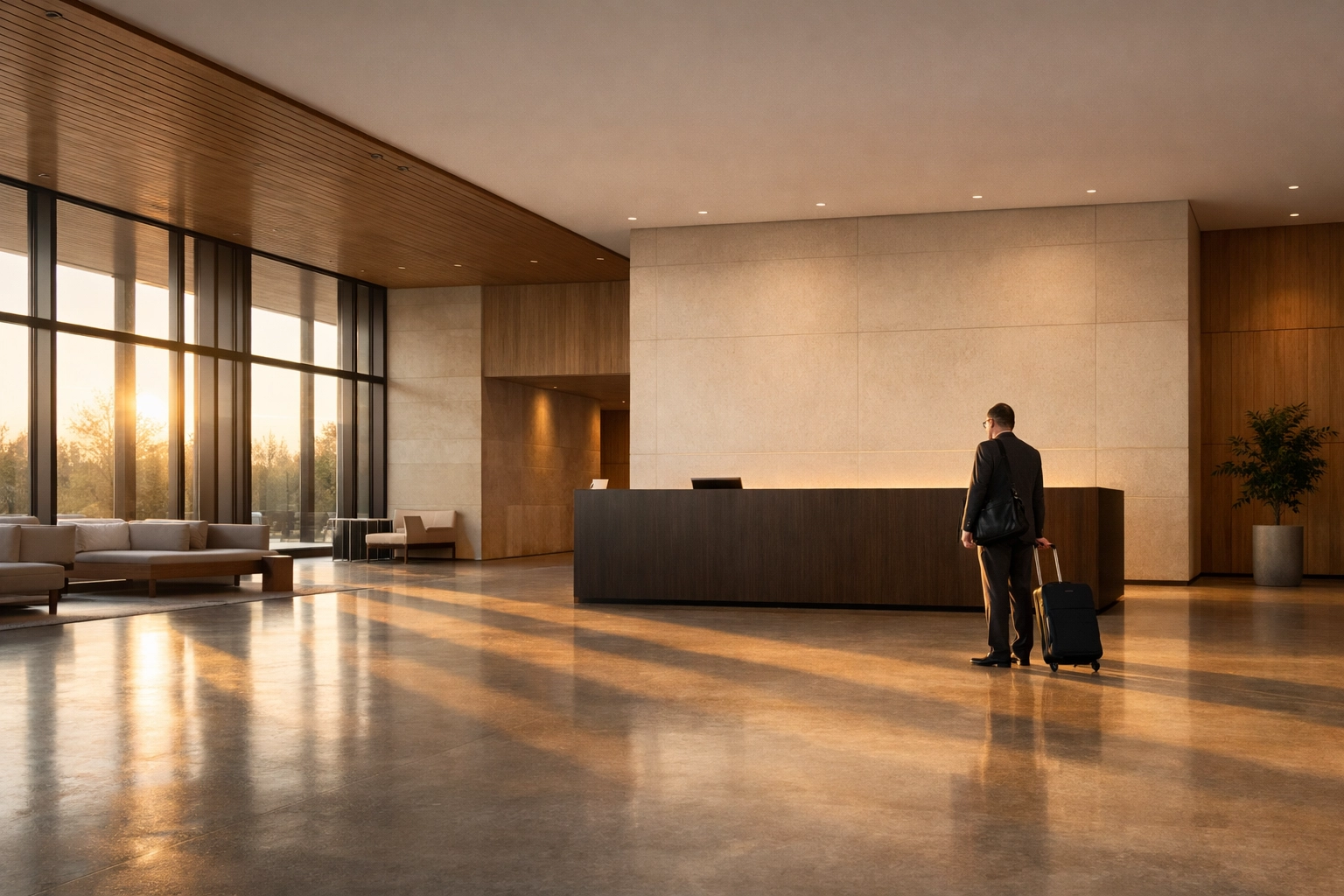 Minimalist hotel lobby at golden hour showing the scale of personalized guest hospitality.