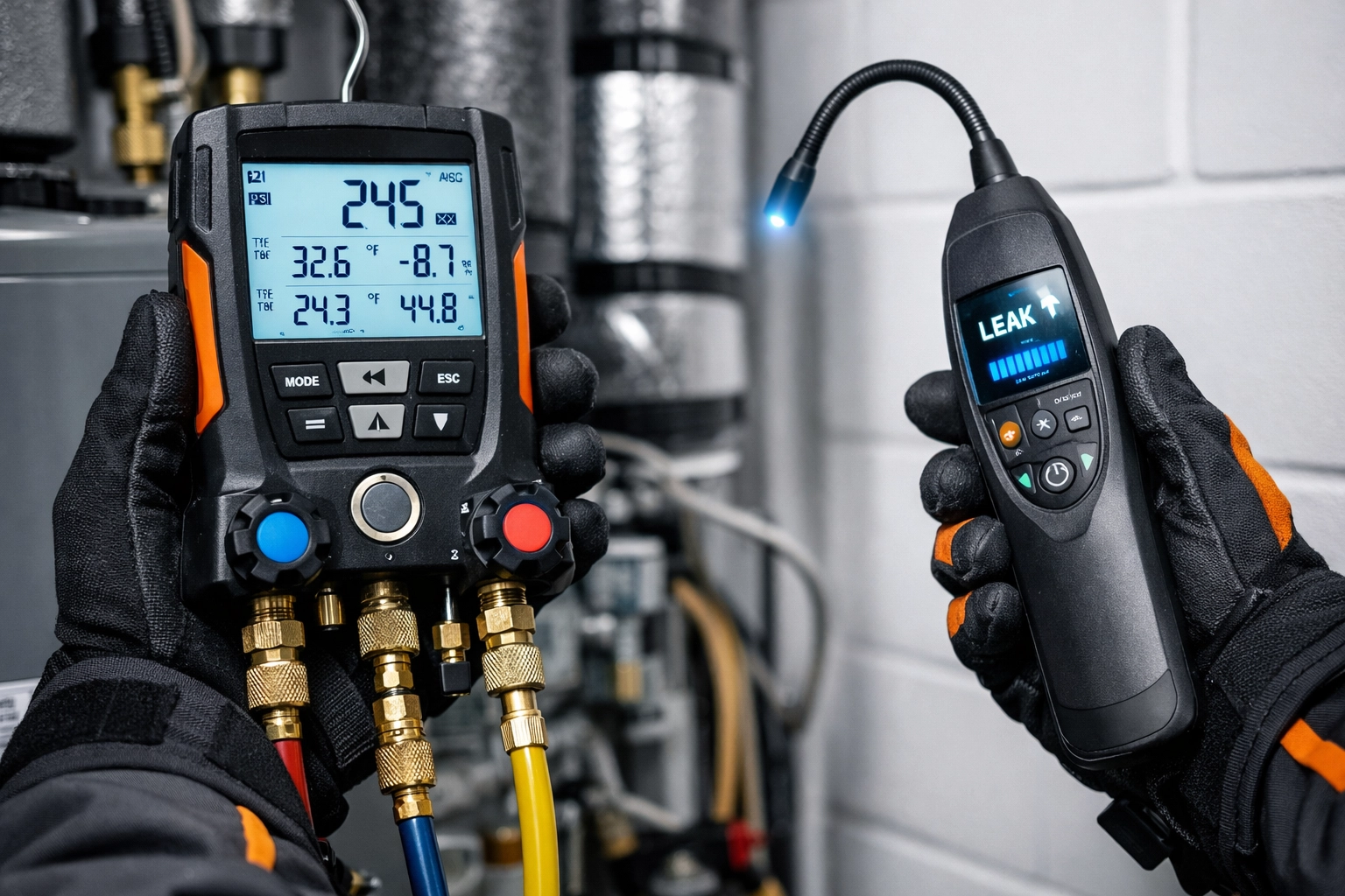 HVAC technician using a digital manifold and leak detector to service 2026-standard AC equipment.